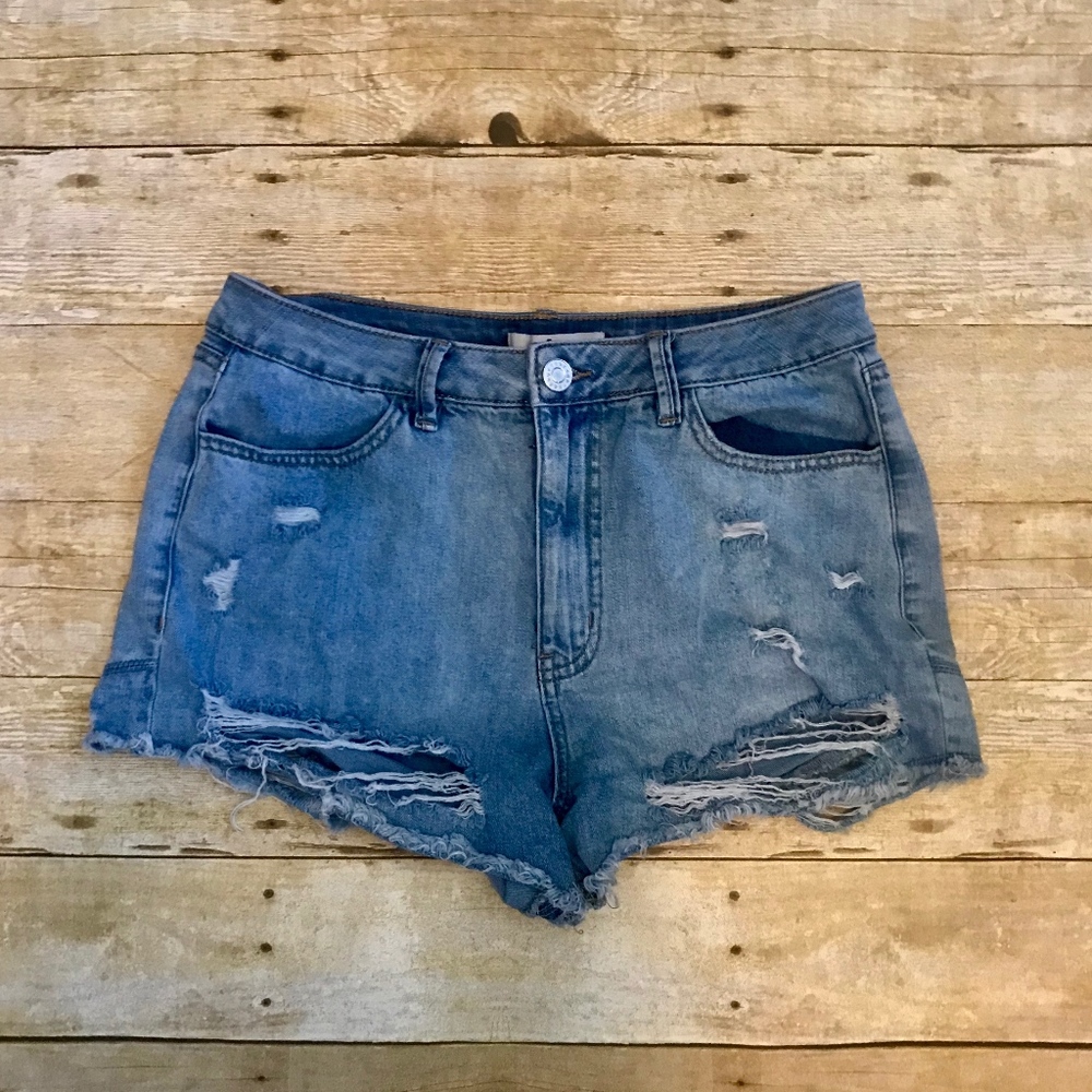 Refuge Distressed Cheeky Light Wash Denim Shorts